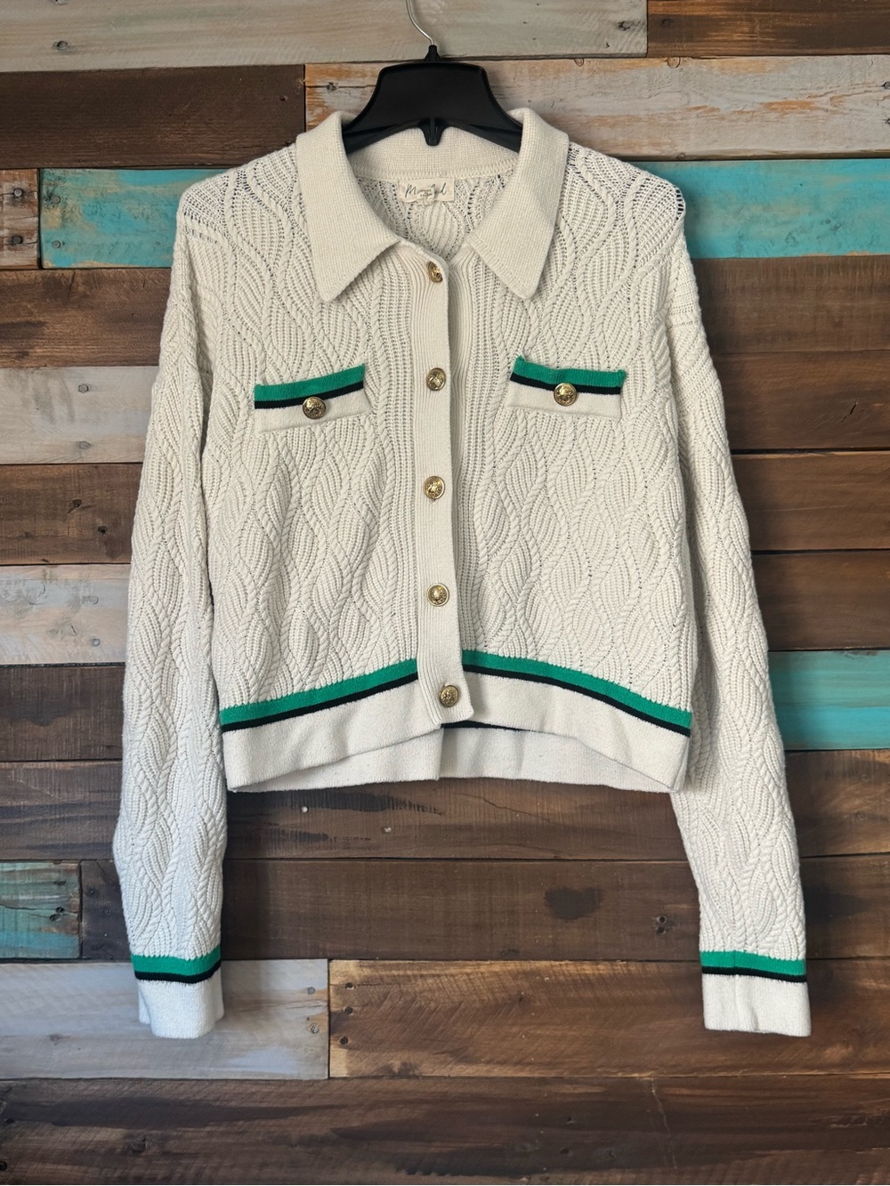 Marled Cable Knit Cropped Cardigan Jacket Gold Button Green Stripe Trim
| Size M